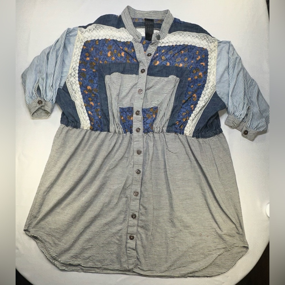 Free People New Romantics Mixed Media Boho Tunic Dress Blue Floral Lace Size Lg